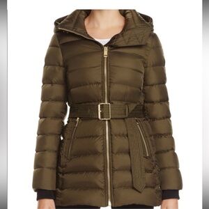 Burberry Olive green belted puffer jacket withh hood size medium